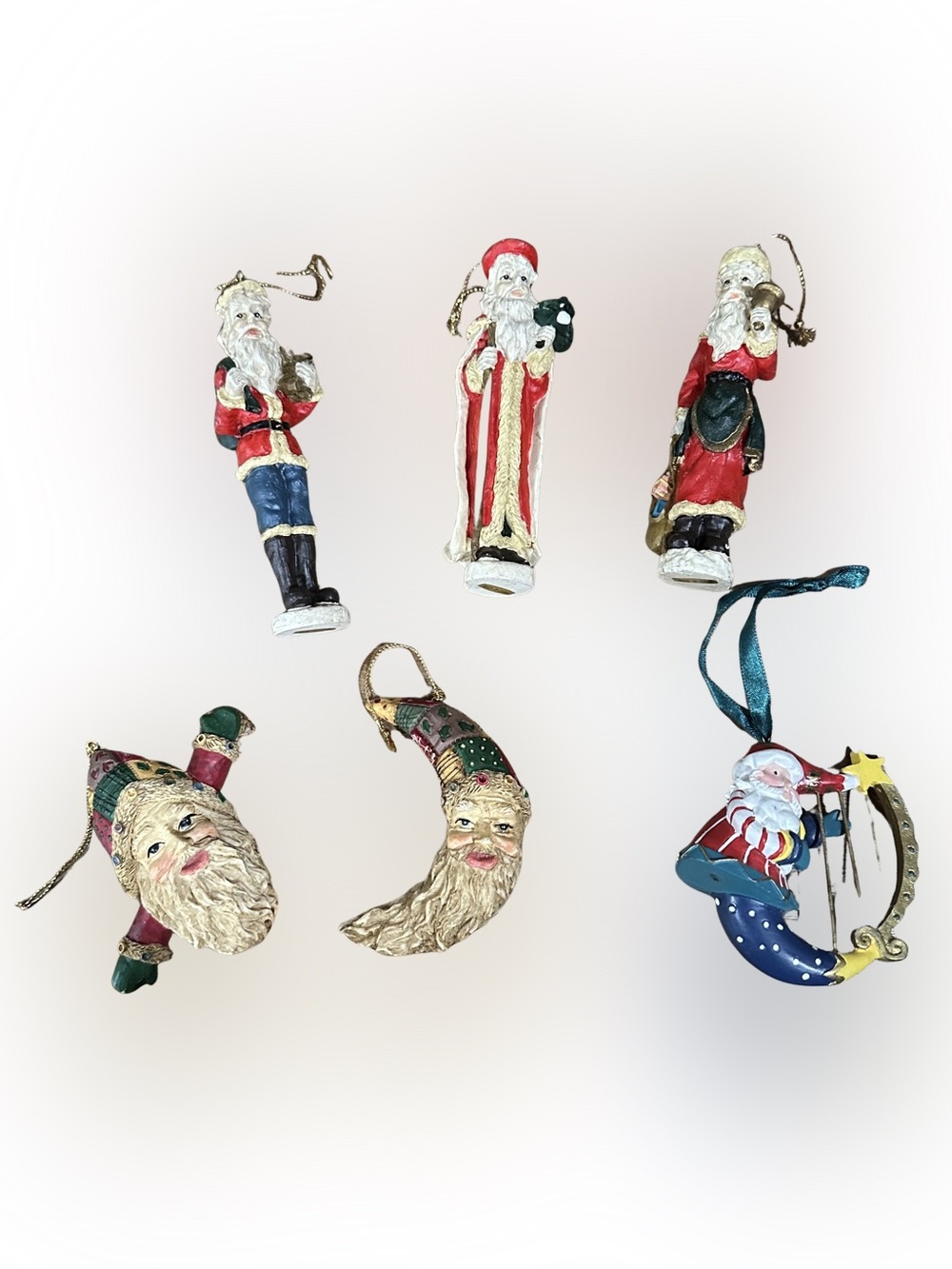 Assortment of Vintage Santa Ornaments Moon Santa’s Pencil Santa’s Patchwork